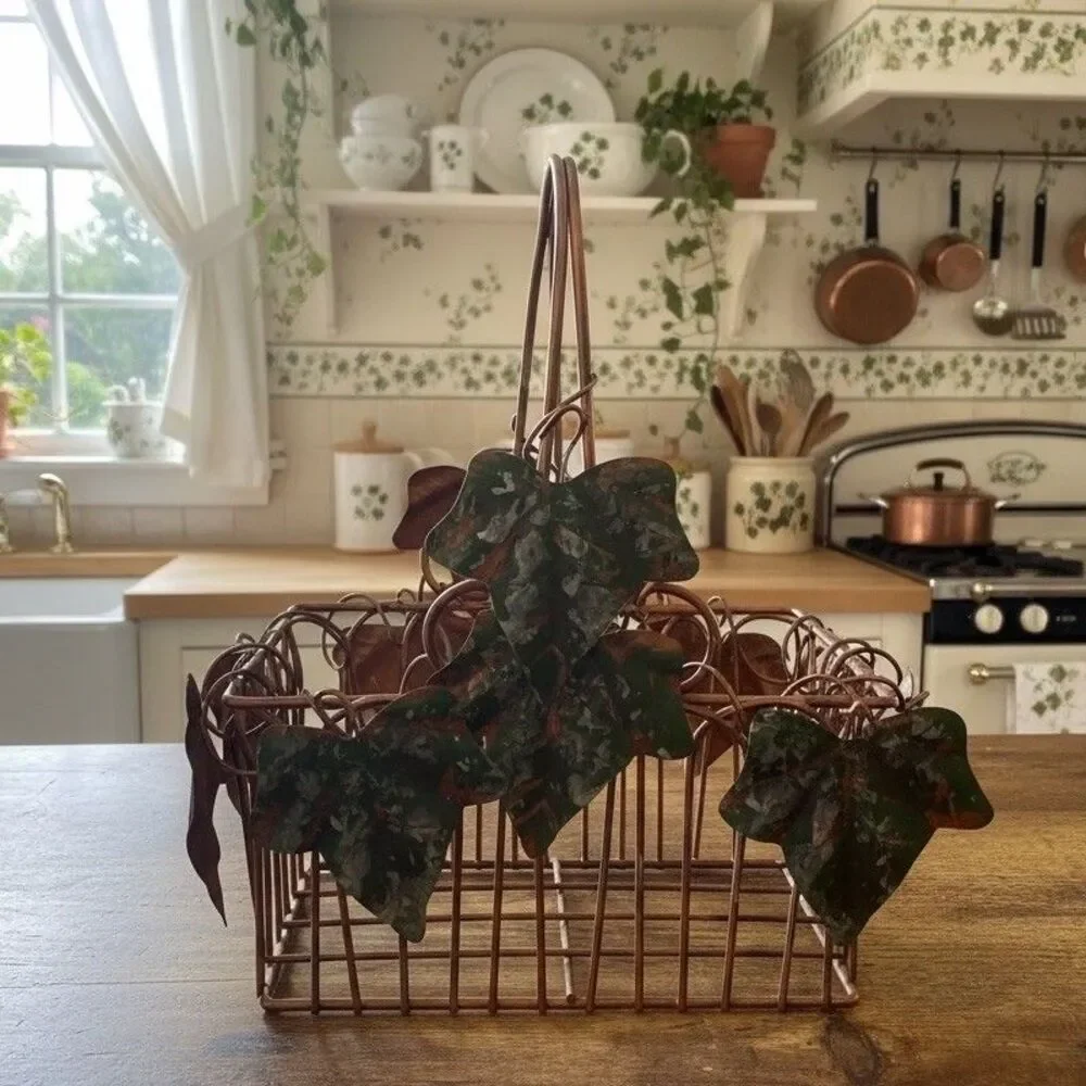 Metal Ivy Decor Basket Copper Tone 10in Tall Rustic Table Organizer Storage Rack